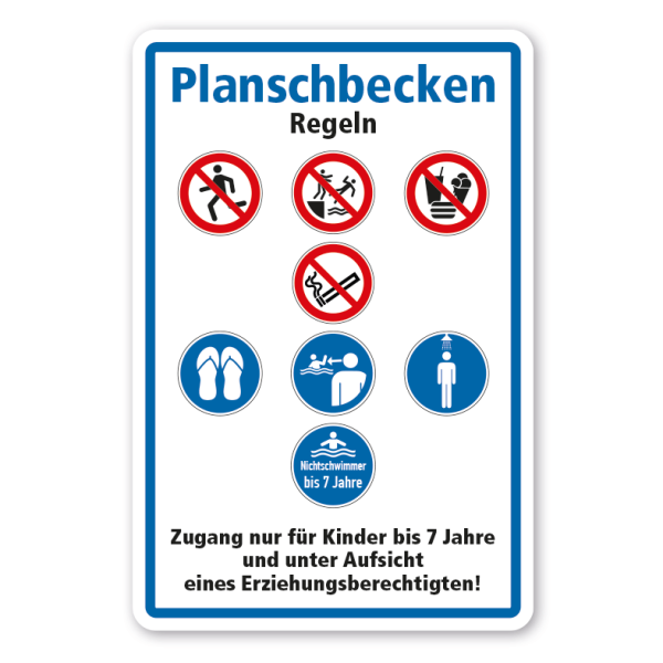 Schild Planschbecken-Regeln - mit Sicherheitszeichen