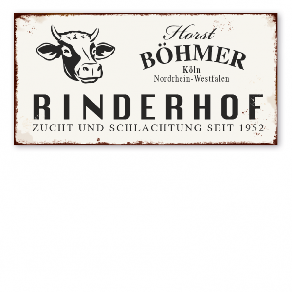 Retro Farmhouse-Schild Rinderhof - Zucht und Schlachtung - mit Ihrem Namen, Standort und Jahresangabe