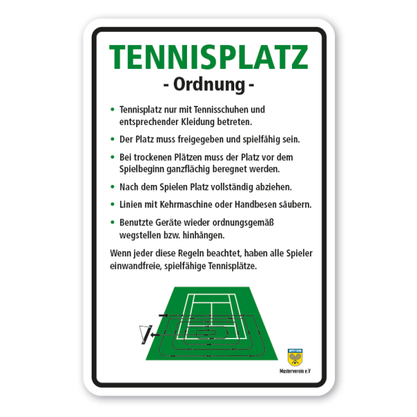 Vereinsschild Tennis - Tennisplatzordnung in 3 Farbvarianten