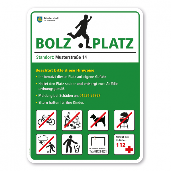 Spielplatzschild - Bolzplatz mit 8 frei zu wählenden Piktogrammen – Schilderserie SP-02-B