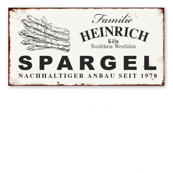 Retro Farmhouse-Schild Spargel - Nachhaltiger Anbau - mit Ihrem Namen, Standort und Jahresangabe