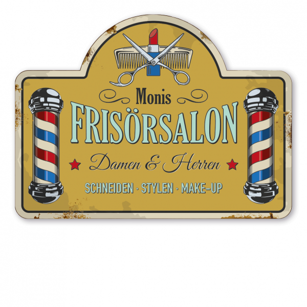 Retroschild / Vintage-Schild Frisörsalon – mit Ihrem Namenseindruck – Damen & Herren - Schneiden - Stylen - Make-Up - Frisörschild - Barber-Schild