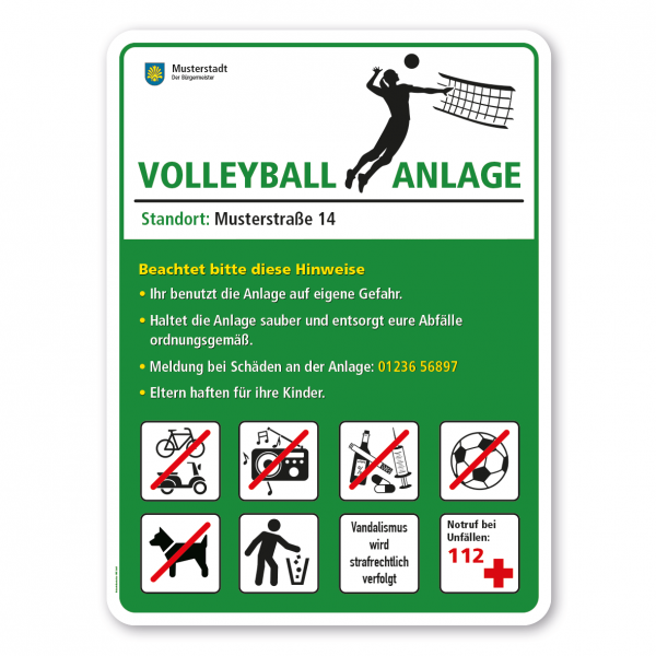 Sportplatzschild - Volleyball-Anlage mit 8 frei zu wählenden Piktogrammen – Schilderserie SP-02-B
