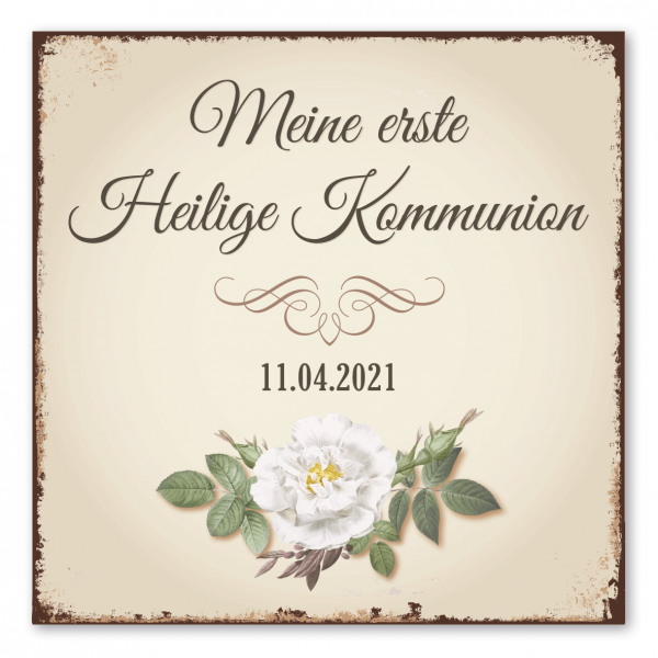 Schild Meine erste Heilige Kommunion – mit Datumsangabe – mit weißer Rose – Retroausführung