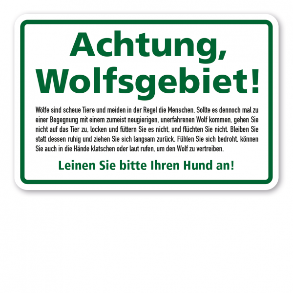 Warnschild Achtung, Wolfsgebiet! Mit Informationen zu Wölfen und zum Verhalten bei Begegnungen.