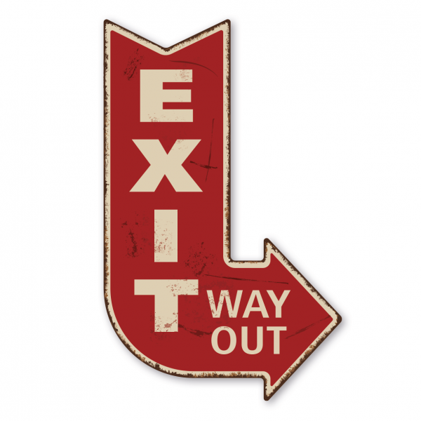 Retroschild / Vintage-Pfeilwegweiser Exit - Way out in 5 Farbvarianten - links- oder rechtsweisend mit 3 Löchern zum Aufhängen