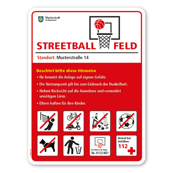 Sportplatzschild - Streetball-Feld mit 8 frei zu wählenden Piktogrammen – Schilderserie SP-02-B