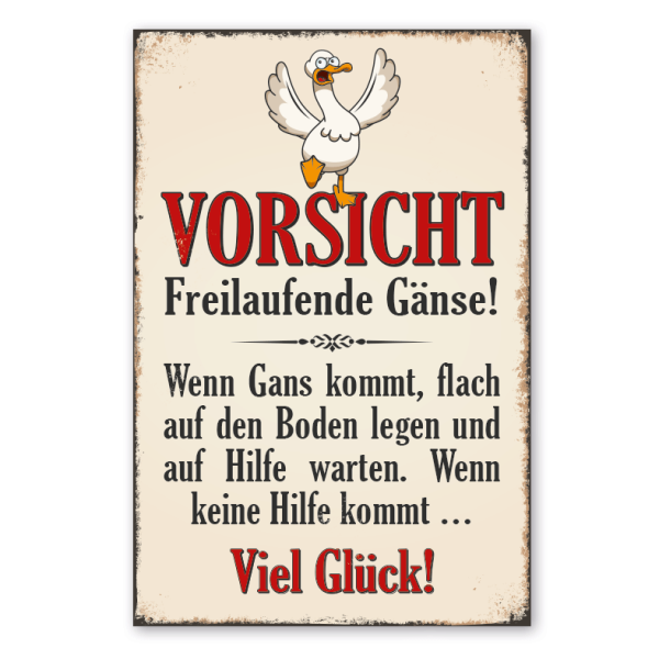 Retro Schild Vorsicht - Freilaufende Gänse