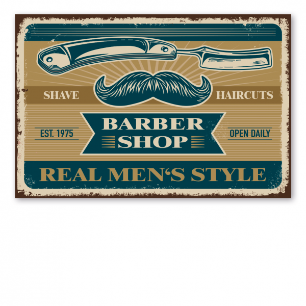 Retroschild / Vintage-Schild Barbershop - Real Men's Style - Shave - Haircuts - Barber-Schild, Frisörschild