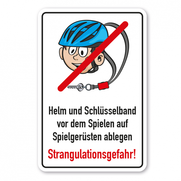 Spielplatz-Zusatzschild Helm- und Schlüsselband vor dem Spielen abnehmen - Strangulationsgefahr - Schilderserie SP-01