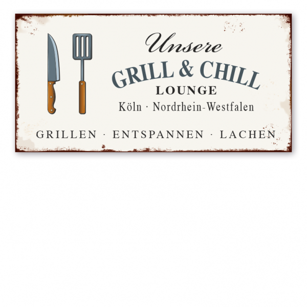Retro Farmhouse-Schild Unsere Grill & Chill Lounge - mit Ihrem Standort