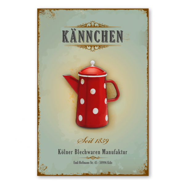 Retroschild / Vintage-Schild Kännchen - Kaffeekanne - mit Ihrem Jahreseindruck und Adresse