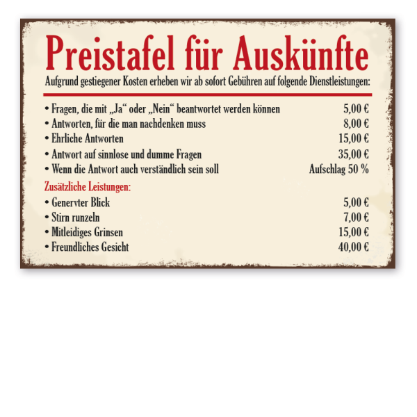 Retro Schild Preistafel für Auskünfte