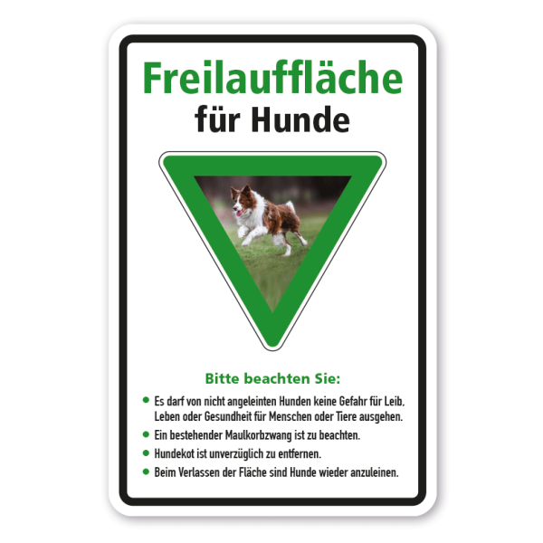 Hinweisschild Freilauffläche für Hunde - mit Regeln - Vorfahrtsschild