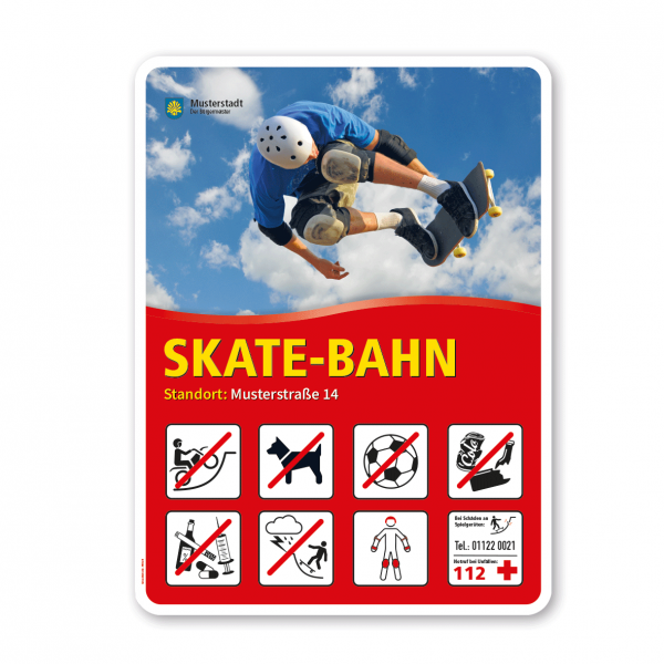 Spielplatzschild - Skate-Bahn mit 8 frei zu wählenden Piktogrammen – Schilderserie SP-02