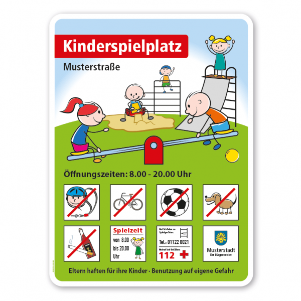Spielplatzschild Kinderspielplatz - Wippe, Rutsche, Sandkasten, Klettergerüst - mit 8 frei zu wählenden Piktogrammen – Schilderserie SP-04
