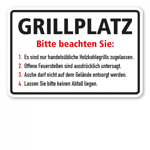 Hinweisschild Grillplatz - Bitte beachten Sie - mit Hinweisen zum Grillbetrieb