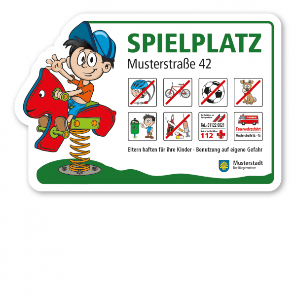 Formgefrästes Spielplatzschild Spielplatz - mit Wippe und 8 frei zu wählenden Piktogrammen – Schilderserie SP-01