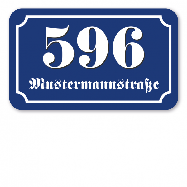 Hausnummernschild in altdeutscher Ausführung mit Wunschnummer und Straßennamen in 5 Varianten