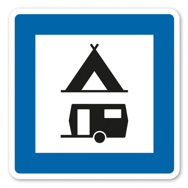 Parkplatzschild Zelt (Campingsymbol) - und Wohnwagenplatz - quadratisch mit Piktogramm - Verkehrsschild