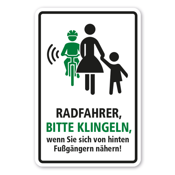 Schild Radfahrer, bitte klingeln, wenn Sie sich von hinten Fußgängern nähern