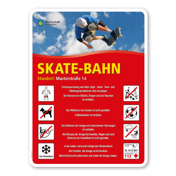 Spielplatzschild - Skate-Bahn mit 8 frei zu wählenden Piktogrammen (hoch) – Schilderserie SP-02