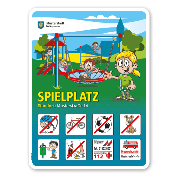 Spielplatzschild Spielplatz - Nestschaukel - mit 8 frei zu wählenden Piktogrammen – Schilderserie SP-01