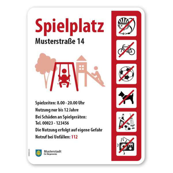 Spielplatzschild - Schaukel mit 6 frei zu wählenden Piktogrammen – Schilderserie SP-05