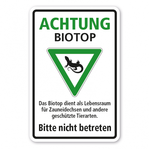 Hinweisschild Achtung Biotop - Das Biotop dienst als Lebensraum für Zauneidechsen und andere geschützte Tierarten - Bitte nicht betreten - Kombi