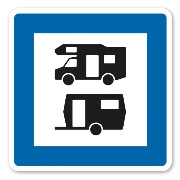 Parkplatzschild Wohnmobil- und Wohnwagenplatz - quadratisch mit Piktogramm - Verkehrsschild
