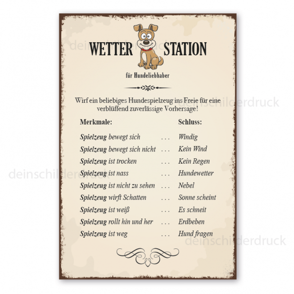 Schild Wetterstation für Hundeliebhaber - Wettervorhersage mit einem Hundespielzeug - im Retro Look