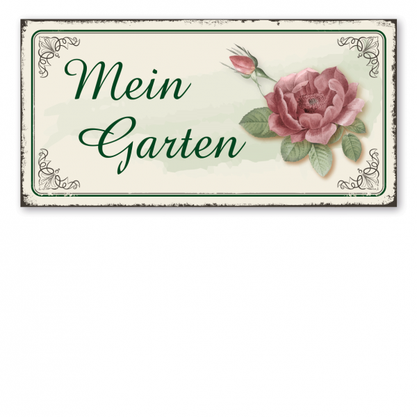 Florales Retroschild / Vintage-Schild Mein Garten - mit Rosen