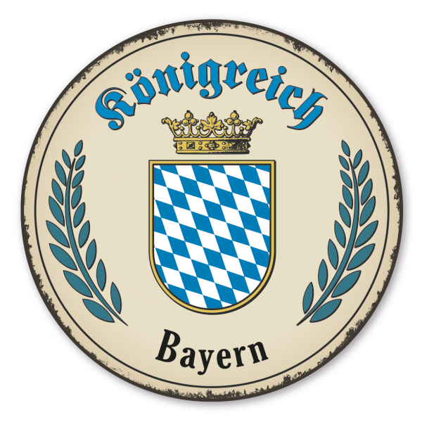 Maibaumschild / Festschild Königreich Bayern - mit bayerischem Rautenwappen und Krone - Rundes Wappen - Retro