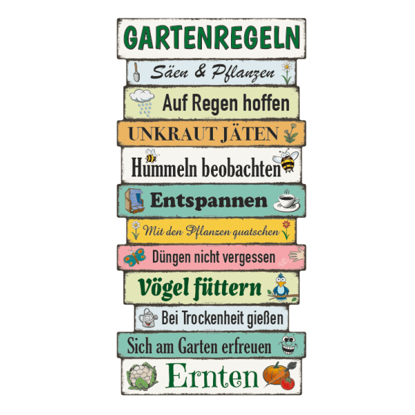 Retro Plankenschild Gartenregeln - 12 Segmente