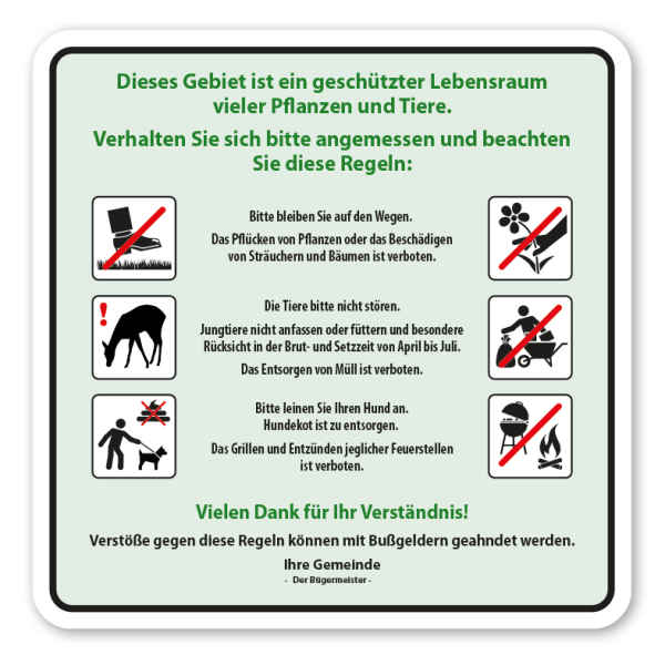 Tier- und Naturschutzschild Geschützter Lebensraum vieler Pflanzen und Tiere - mit 6 Piktogrammen