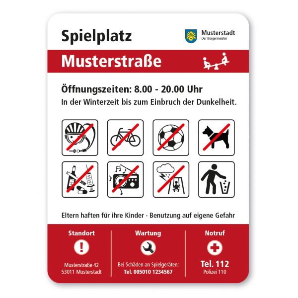 Spielplatzkennzeichnung Spielplatz mit 8 frei zu wählenden Piktogrammen – Spielplatzschild der Serie SP-02-C