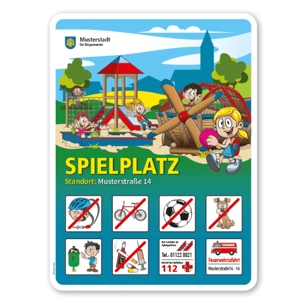 Spielplatzschild Fliegerspielplatz - Flugzeugspielplatz - mit 8 frei zu wählenden Piktogrammen – Schilderserie SP-01
