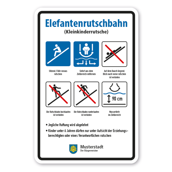 Schild für Wasserrutschen - Elefantenrutschbahn - Rutschanleitung - nach EN 1069