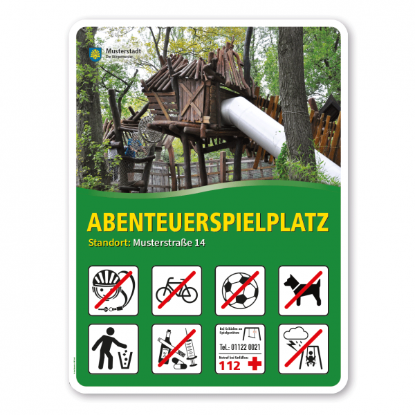 Spielplatzschild - Abenteuerspielplatz mit 8 frei zu wählenden Piktogrammen – Schilderserie SP-02