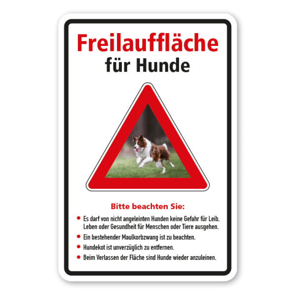 Hundeschild Achtung Freilauffläche für Hunde - mit Regeln - Kombi –  VZ-K-161