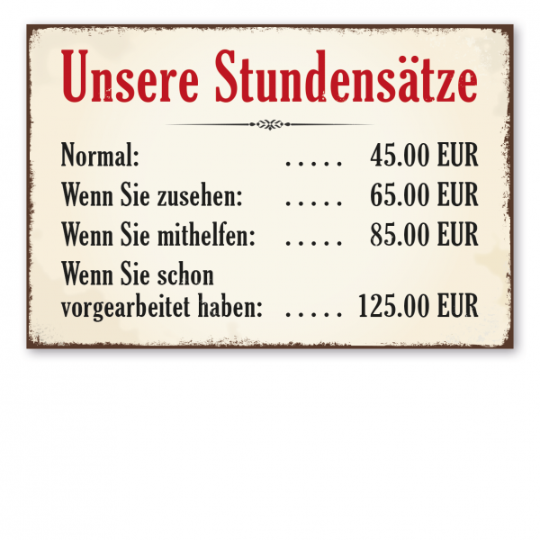 Retro Schild Stundensätze – Werkstattschild