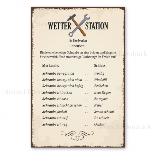 Schild Wetterstation für Handwerker - Wettervorhersage mit einer Schraube - im Retro Look