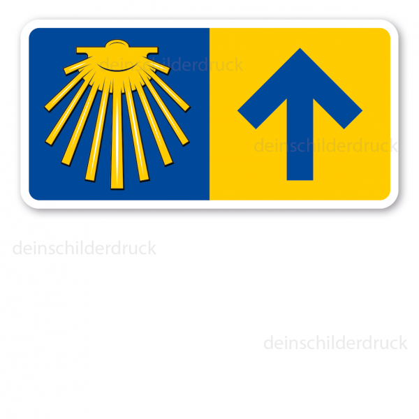 Wegweiser Jakobsweg - Pilgerweg mit Jakobsmuschel und blauem Richtungspfeil auf gelbem Feld – geradeaus