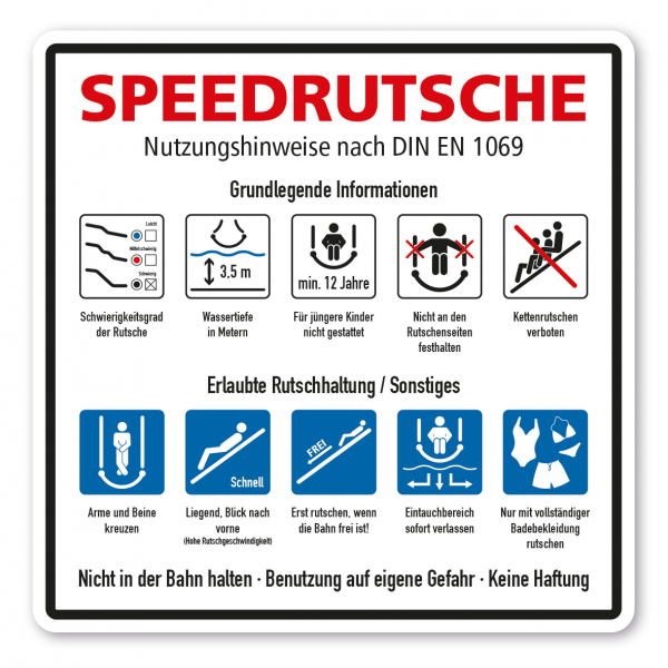 Schild für Wasserrutschen - Speedrutsche - Nutzungshinweise nach DIN EN 1069-2:2017