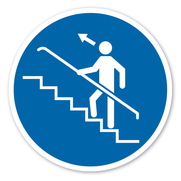 Gebotszeichen Treppe beim Auf- oder Abstieg ausschließlich mit Blick nach vorne begehen