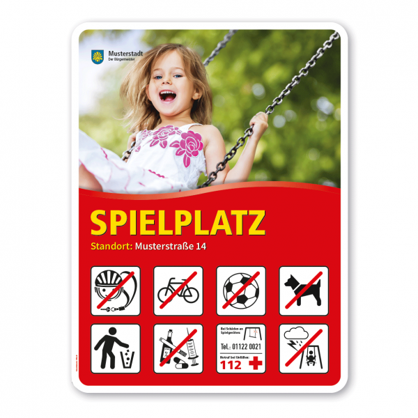 Spielplatzschild - Spielplatz mit 8 frei zu wählenden Piktogrammen – Schilderserie SP-02