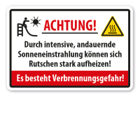 Vorschau: Warnschild Achtung - Durch intensive, andauernde Sonneneinstrahlung können sich Rutschen stark aufheizen - Verbrennungsgefahr Vorschau: Warnschild Achtung - Durch intensive, andauernde Sonneneinstrahlung können sich Rutschen stark aufheizen - Verbrennungsgefahr