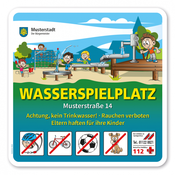 Spielplatzschild Wasserspielplatz - mit 5 frei zu wählenden Piktogrammen - 600 x 600 mm – Schilderserie SP-01