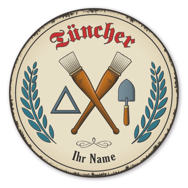 Maibaumschild / Festschild mit Zunftwappen Tüncher - mit Zunftnamen, Ihrem Ortsnamen oder Wunschtext - Rundes Wappen - Retro
