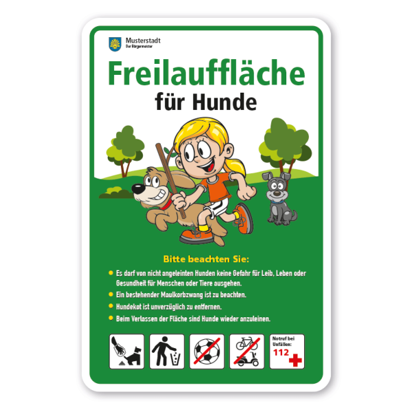 Hundeschild - Freilauffläche für Hunde mit 5 frei zu wählenden Piktogrammen – Schilderserie SP-02